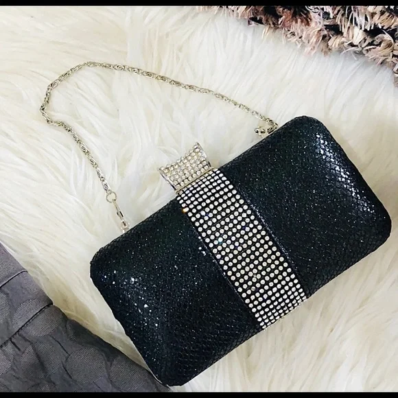 CRYSTAL ENCRUSTED EVENING BAG beaded EVENING BAG black w chain TIMELESS CLASSIC - Picture 6 of 10